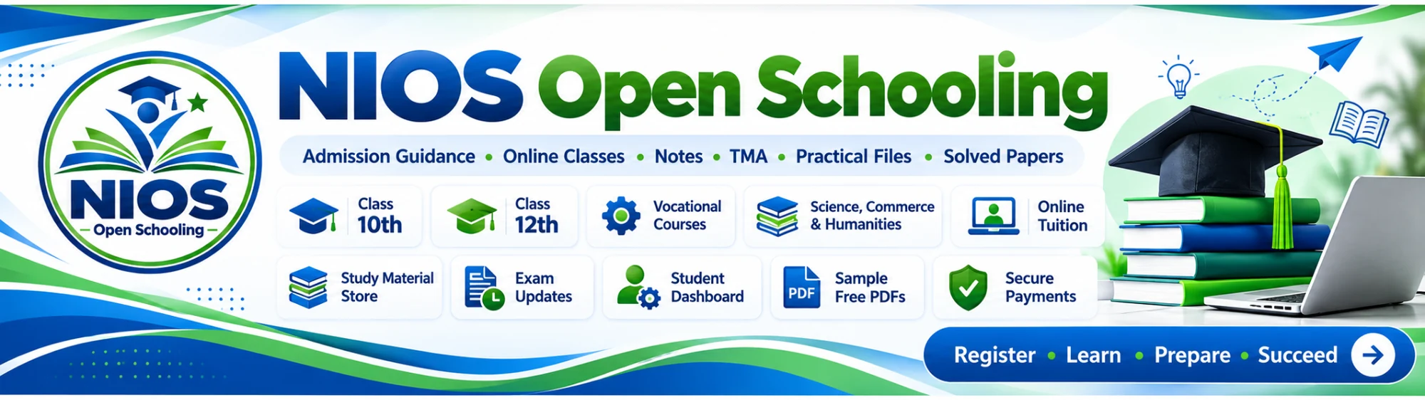 NIOS Open Schooling: admission guidance, online classes, notes, TMA, practical files, solved papers, Class 10, Class 12 and vocational courses
